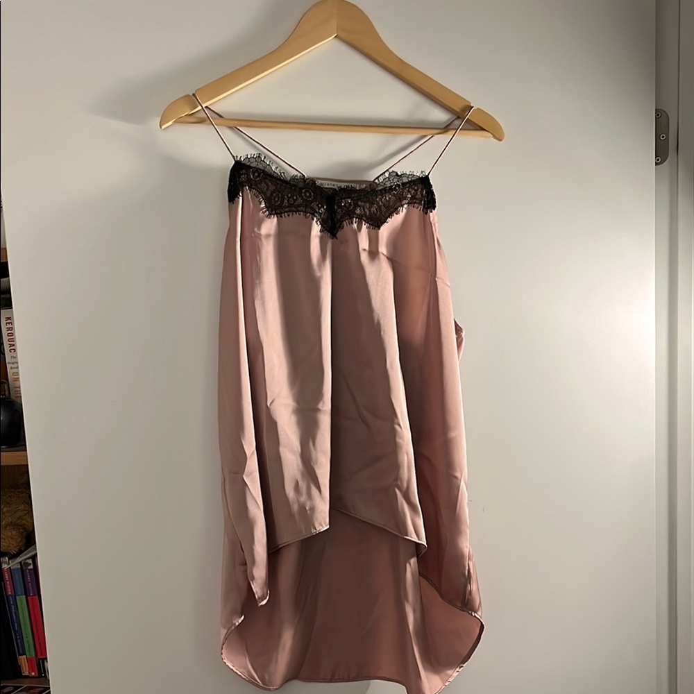 Silk Pink Camisole with Black Lace Trim